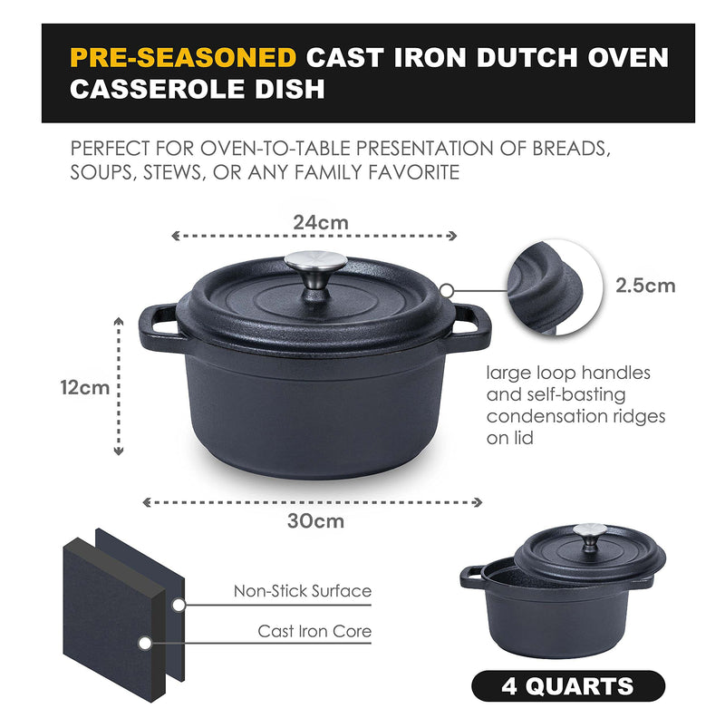 24cm Pre-seasoned NonStick Cast Iron Dutch Oven Handles Lid Skillet Cookware Braising Pot Pan Casserole Payday Deals