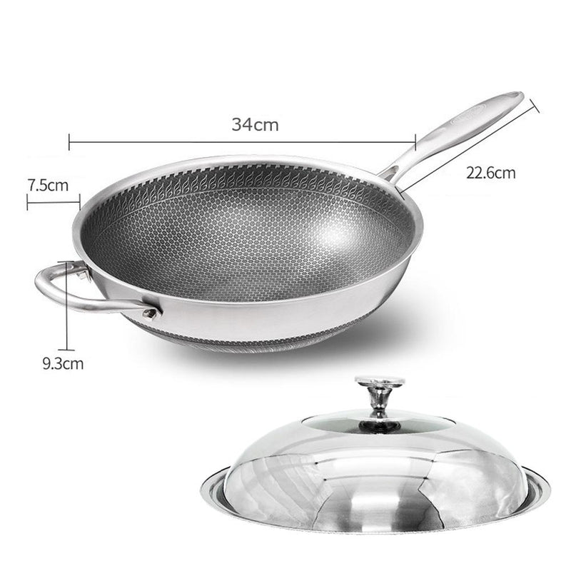 316 Stainless Steel 32cm Non-Stick Stir Fry Cooking Kitchen Wok Pan without Lid Honeycomb Double Sided Payday Deals