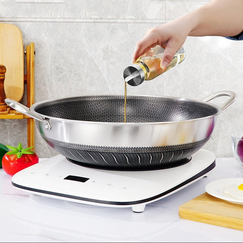 34cm 316 Stainless Steel Double Ear Non-Stick Stir Fry Cooking Kitchen Wok Pan without Lid Honeycomb Double Sided Payday Deals
