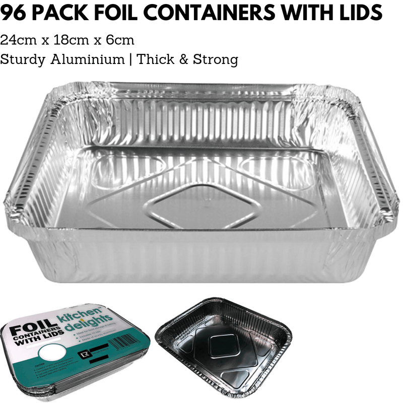 96x ALUMINIUM FOIL CONTAINERS WITH LIDS Large Tray BBQ Roasting Dish 24cm*18cm*6cm Payday Deals