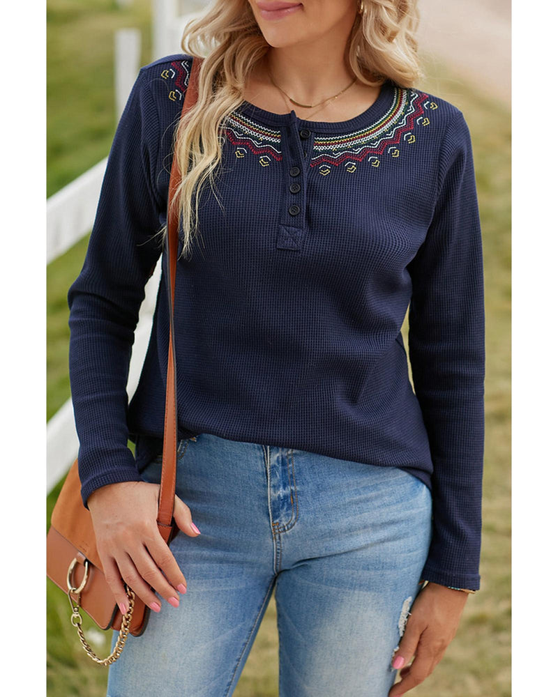 Azura Exchange Embroidered Navy Blue Waffle Top - L Payday Deals