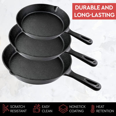 Cast Iron Skillet Cookware 3-Piece Set Chef Quality Pre-Seasoned Pan 10" 8" 6" Pans Payday Deals