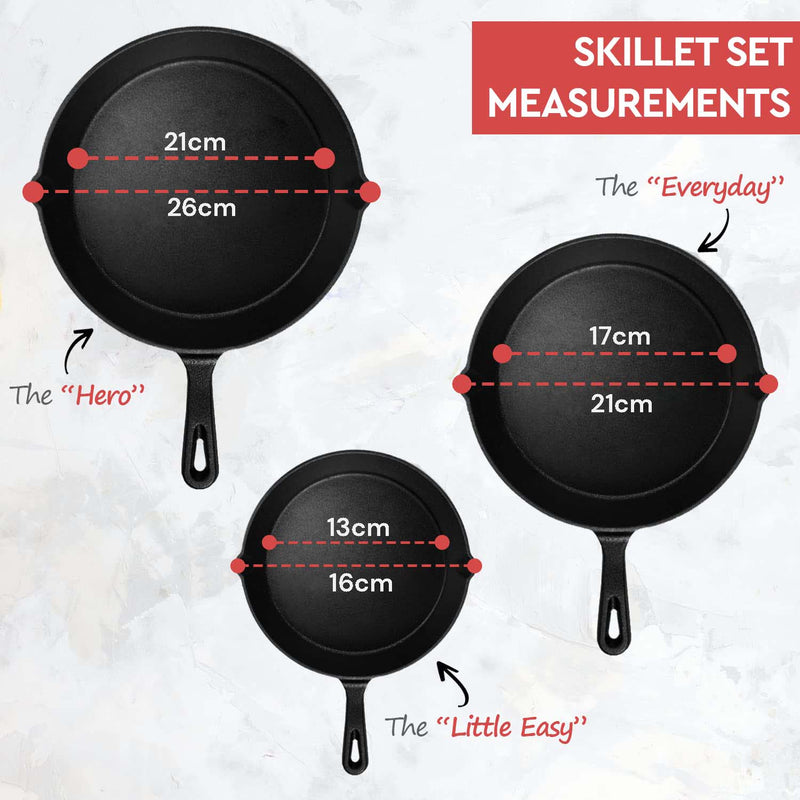 Cast Iron Skillet Cookware 3-Piece Set Chef Quality Pre-Seasoned Pan 10" 8" 6" Pans Payday Deals