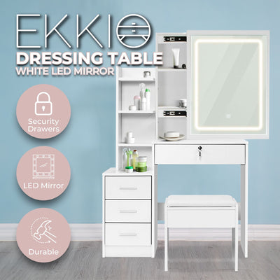 EKKIO Dressing Table White LED Mirror + Stool EK-DT-100-LD Payday Deals