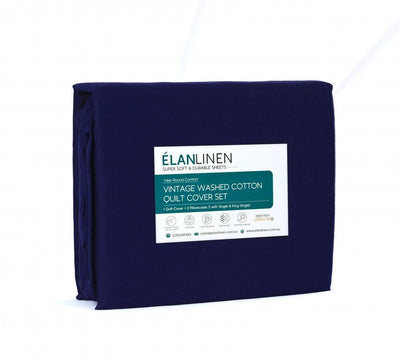 Elan Linen 100% Egyptian Cotton Vintage Washed 500TC Navy Blue Single Quilt Cover Set Payday Deals