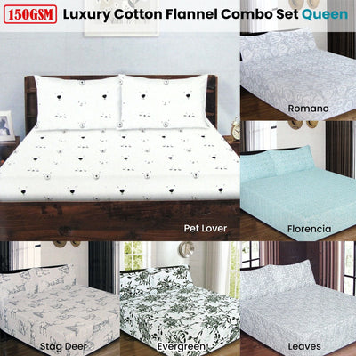 ICF Store Cotton Flannel Combo Fitted Sheet Set Queen Leaves Payday Deals