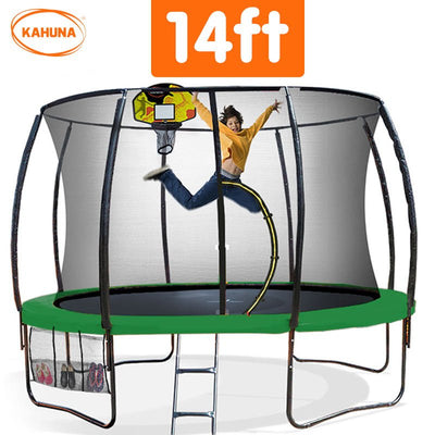 Kahuna 14ft Outdoor Trampoline Kids Children With Safety Enclosure Pad Mat Ladder Basketball Hoop Set - Green Payday Deals