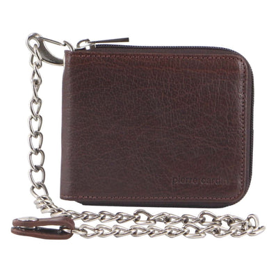 Pierre Cardin Zip Around Mens Leather Wallet with Chain in Chestnut