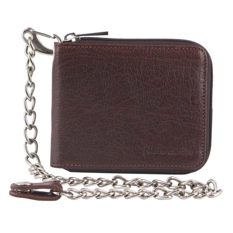 Pierre Cardin Zip Around Mens Leather Wallet with Chain in Chestnut Payday Deals