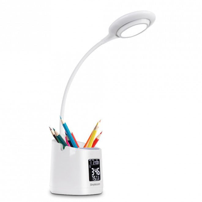 SIMPLECOM EL621 LED Desk Lamp with Pen Holder and Digital Clock Rechargeable Payday Deals