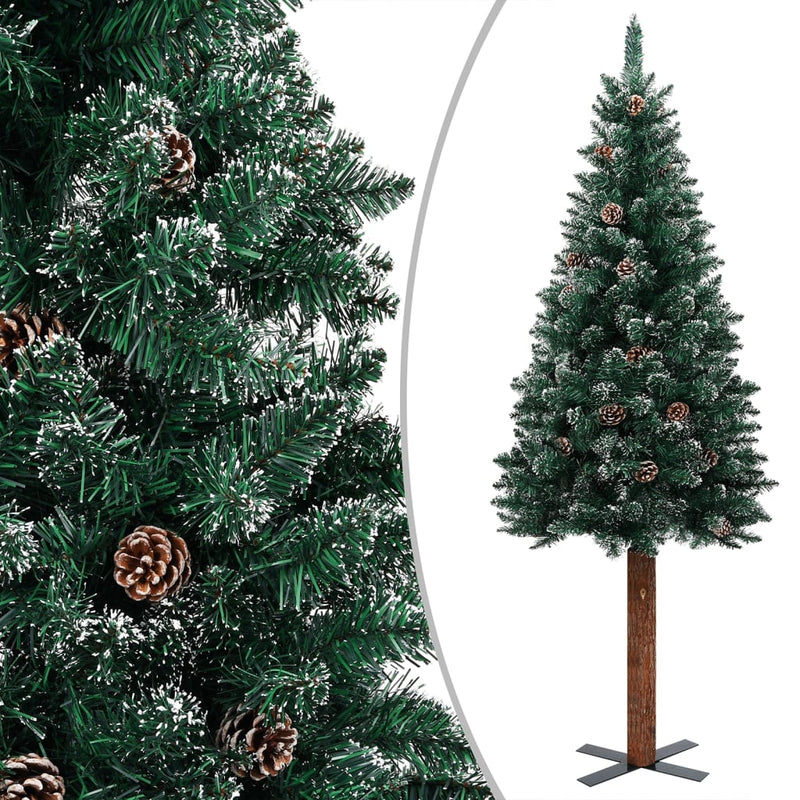 Slim Pre-lit Christmas Tree with Real Wood&White Snow Green 150 cm Payday Deals