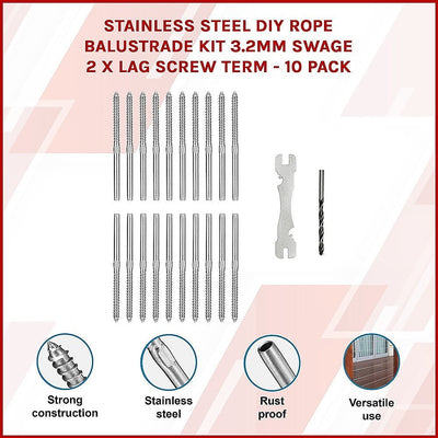 Stainless Steel DIY Rope Balustrade Kit 3.2mm Swage 2 x Lag Screw Term - 10 pack Payday Deals