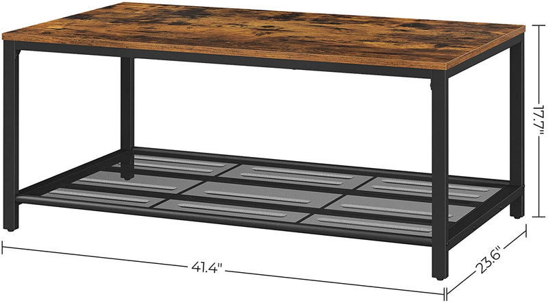 Coffee Table with Dense Mesh Shelf, Rustic Brown