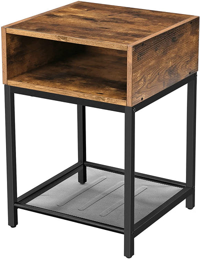 Side Table with Open Compartment and Mesh Shelf, Rustic Brown and Black