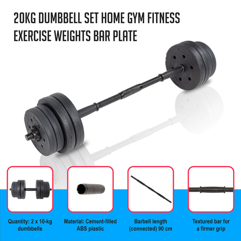 20kg Dumbbell Set Home Gym Fitness Exercise Weights Bar Plate Payday Deals