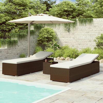 3 Piece Garden Sun Loungers with Tea Table Poly Rattan Brown Payday Deals