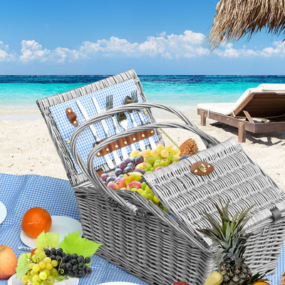 4 Person Picnic Basket Baskets Set Outdoor Blanket Wicker Deluxe Folding Handle Payday Deals