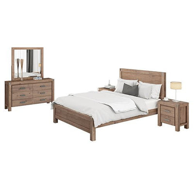 4 Pieces Bedroom Suite in Solid Wood Veneered Acacia Construction Timber Slat Queen Size Oak Colour Bed, Bedside Table & Dresser Payday Deals