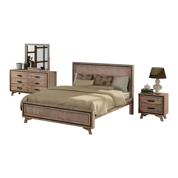 4 Pieces Bedroom Suite King Size Silver Brush in Acacia Wood Construction Bed, Bedside Table & Dresser Payday Deals