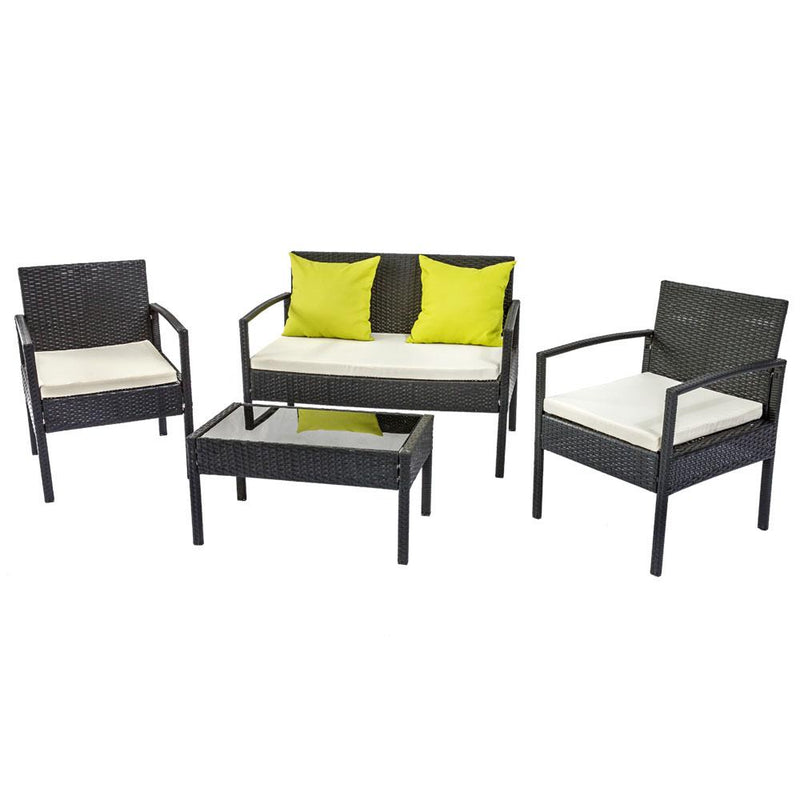 4 Seater Sofa Set Outdoor Furniture Lounge Setting Wicker Chairs Table Rattan Lounger Bistro Patio Garden Cushions Black Payday Deals