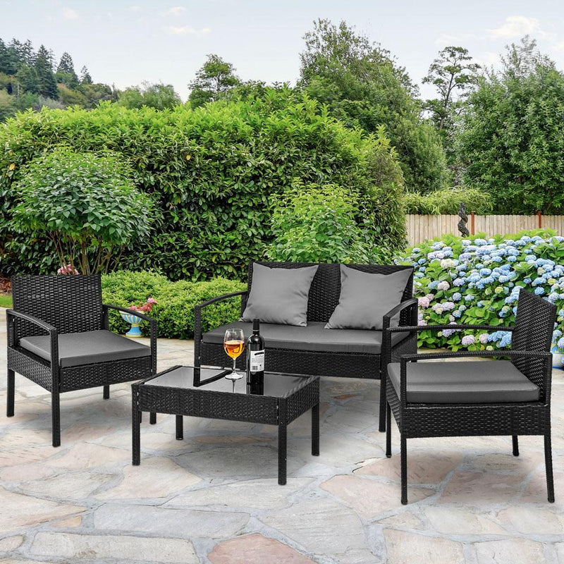 4 Seater Sofa Set Outdoor Furniture Lounge Setting Wicker Chairs Table Rattan Lounger Bistro Patio Garden Cushions Black Payday Deals