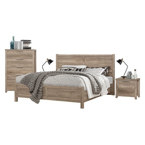 5 Pieces Bedroom Suite Natural Wood Like MDF Structure Queen Size Oak Colour Bed, Bedside Table, Tallboy & Dresser Payday Deals
