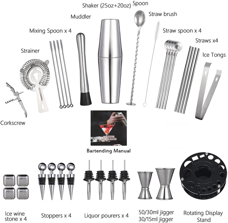 VIKUS 35 Pieces Cocktail Shaker Set Bartender Kit with Rotating 360° Display Stand and Professional Bar Set Tools