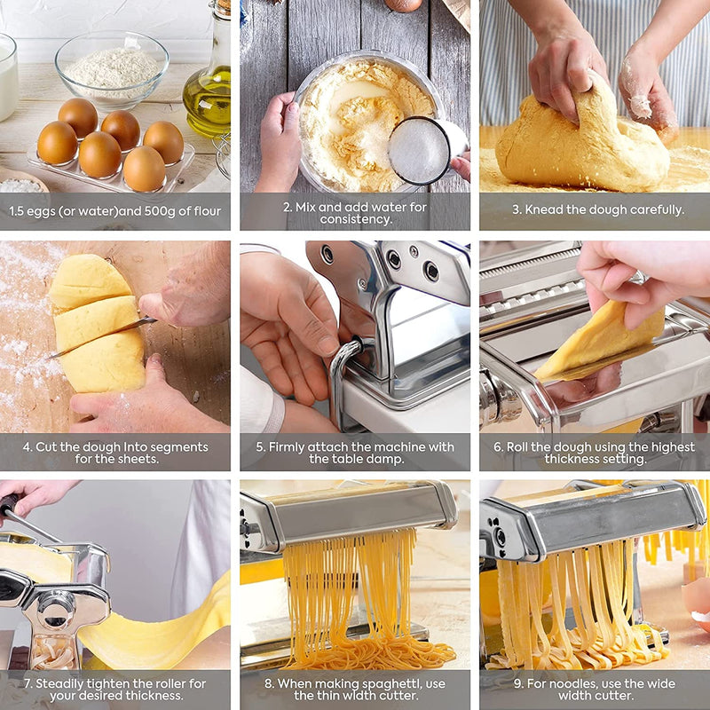 VIKUS Pasta Maker – Manual Steel Machine with 8 Adjustable Thickness Settings
