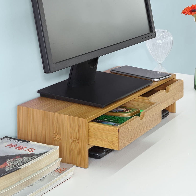 VIKUS Bamboo Monitor Stand Desk Organizer with 2 Drawers