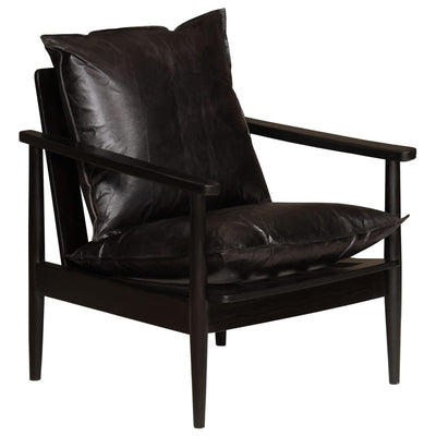 Armchair Black Real Leather with Solid Wood Acacia