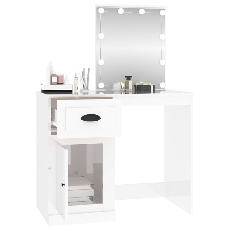 Dressing Table with LED High Gloss White 90x50x132.5 cm Engineered Wood