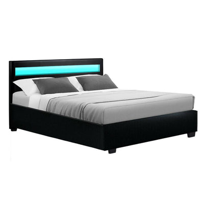 Artiss Cole LED Bed Frame PU Leather Gas Lift Storage - Black Double - Payday Deals