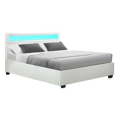Artiss Cole LED Bed Frame PU Leather Gas Lift Storage - White Double - Payday Deals