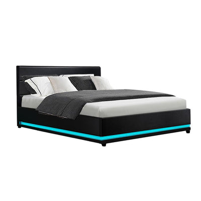 Artiss Lumi LED Bed Frame PU Leather Gas Lift Storage - Black Double - Payday Deals