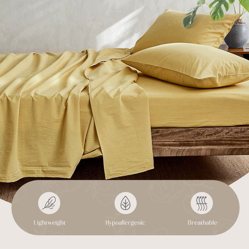 Cosy Club Washed Cotton Sheet Set Queen Yellow - Payday Deals