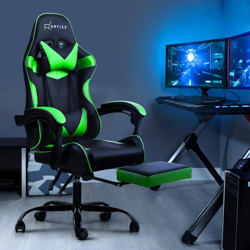 Artiss Office Chair Gaming Chair Computer Chairs Recliner PU Leather Seat Armrest Footrest Black Green - Payday Deals