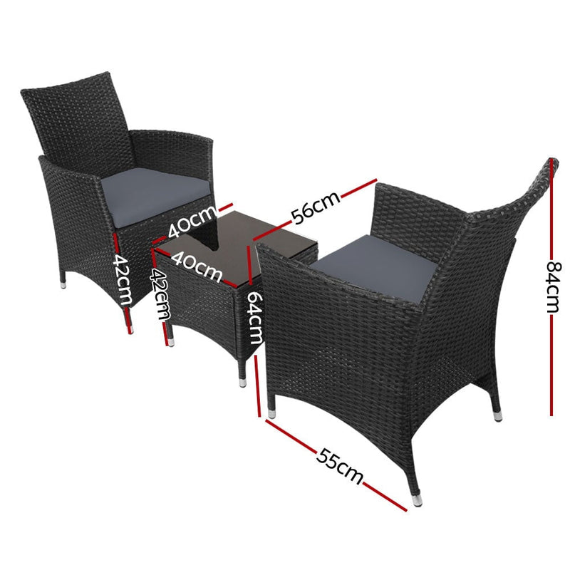 Gardeon 3pc Bistro Wicker Outdoor Furniture Set Black - Payday Deals