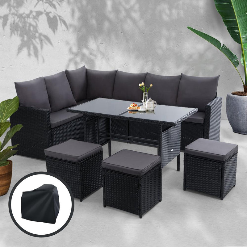 Gardeon Outdoor Furniture Dining Setting Sofa Set Wicker 9 Seater Storage Cover Black - Payday Deals