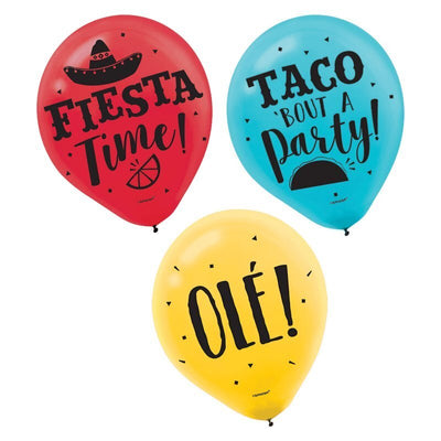 Mexican Taco Fiesta Assorted Latex Balloons 15 Pack