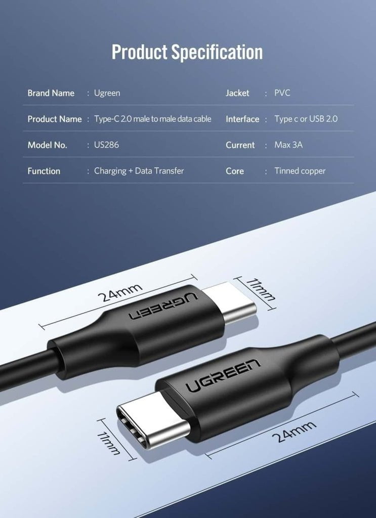 UGREEN USB-C 2.0 Male To USB-C 2.0 Male 3A Data Cable 3M (Black) 60788