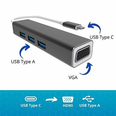 VCOM USB Type C to USB3.0*3+VGA 4 in 1 Hub (Aluminium Shell) - DH319