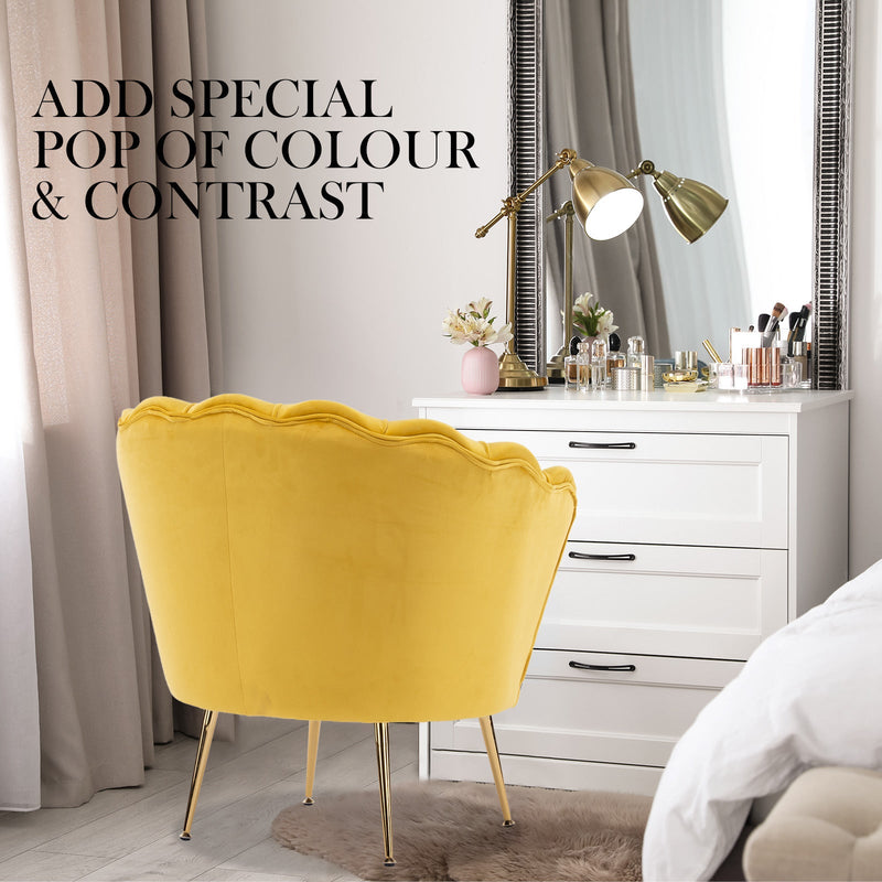La Bella Shell Scallop Yellow Armchair Accent Chair Velvet + Round Ottoman Footstool