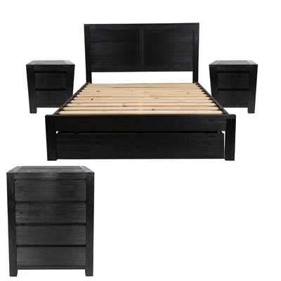 Tofino 4pc Queen Bed Suite Bedside Tallboy Bedroom Furniture Package - Black
