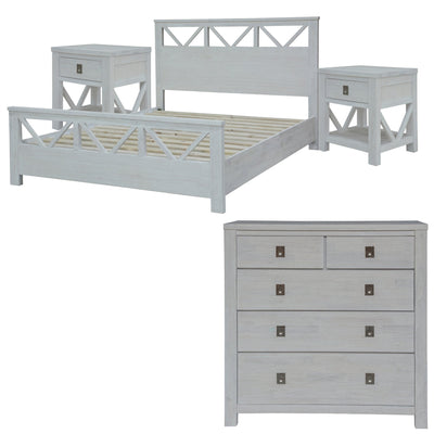 Myer 4pc Queen Bed Suite Bedside Tallboy Bedroom Furniture Package White Wash