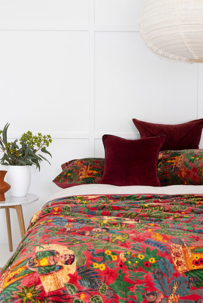 Velvet Frida Kantha Quilt Cotton Quilt Patchwork Quilt Handamade Floral Quilt Comforter Bedspread Blanket - Frida Red - Double