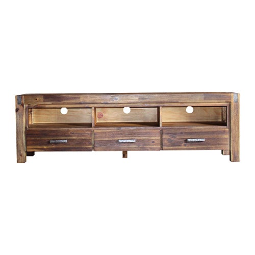 TV Cabinet with 3 Storage Drawers with Shelf Solid Acacia Wooden Frame Entertainment Unit in Chocolate Colour - Payday Deals