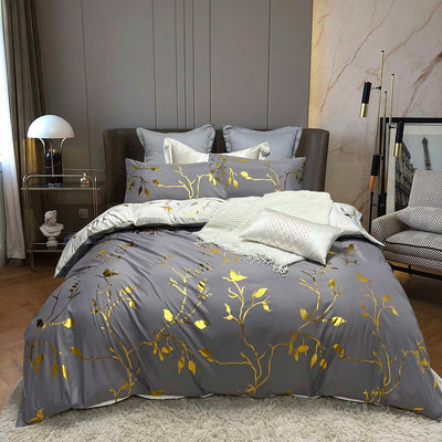 Reversible Design Leaves Grey Super King Size Bed Quilt/Doona/Duvet Cover Set