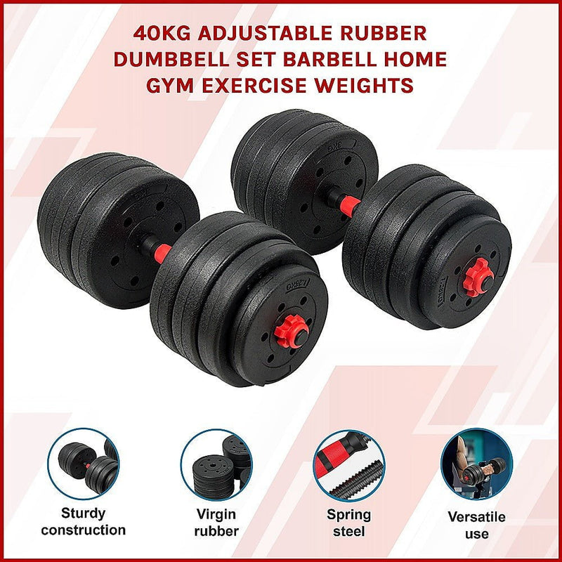 40kg Adjustable Rubber Dumbbell Set Barbell Home GYM Exercise Weights