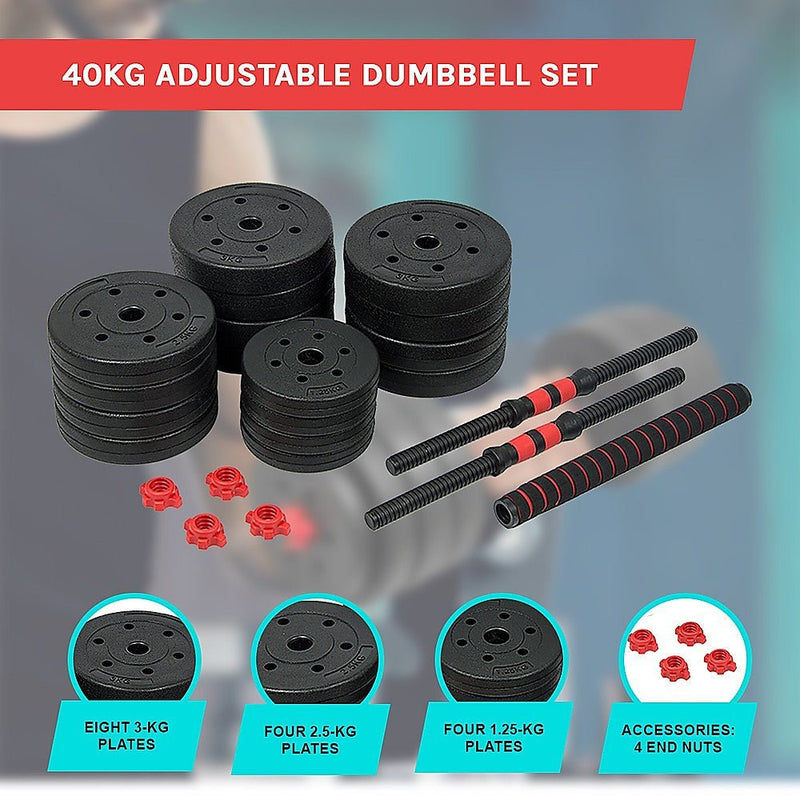 40kg Adjustable Rubber Dumbbell Set Barbell Home GYM Exercise Weights