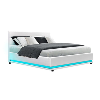 Artiss Lumi LED Bed Frame PU Leather Gas Lift Storage - White Double Payday Deals